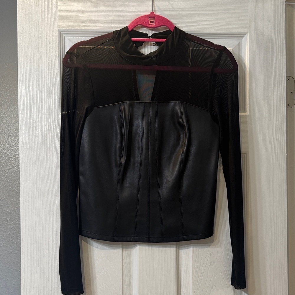 Bar III Black Mesh and Faux Leather Blouse